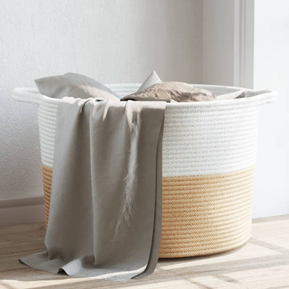 Cesto per Biancheria Beige e Bianco Ø55x36 cm in Cotone - homemem39