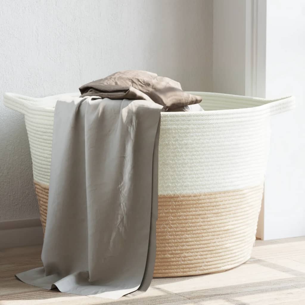 Cesto per Biancheria Beige e Bianco Ø60x36 cm in Cotone - homemem39