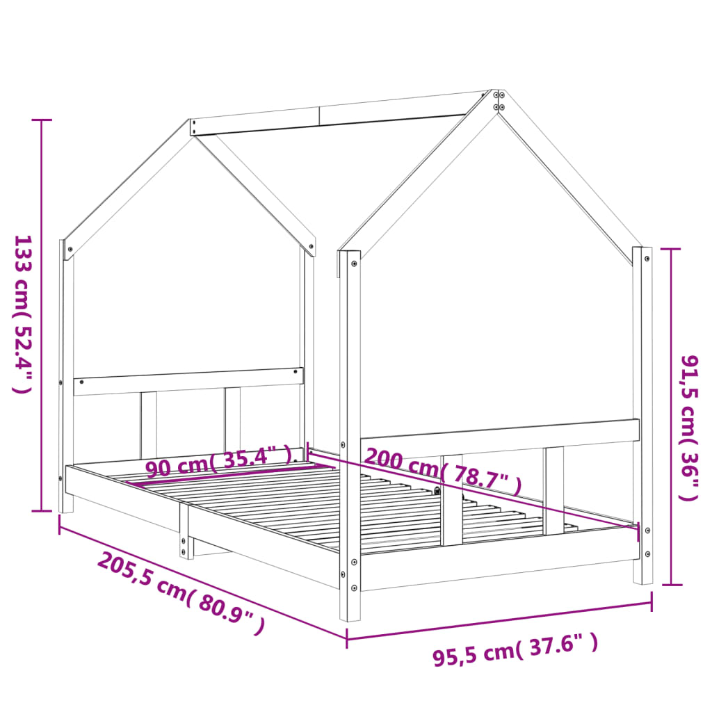 Giroletto per Bambini Nero 90x200 cm in Legno Massello di Pino - homemem39