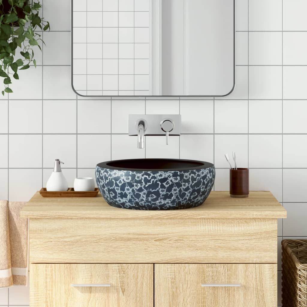 Lavabo da Appoggio Nero e Blu Rotondo Φ41x14 cm Ceramica - homemem39