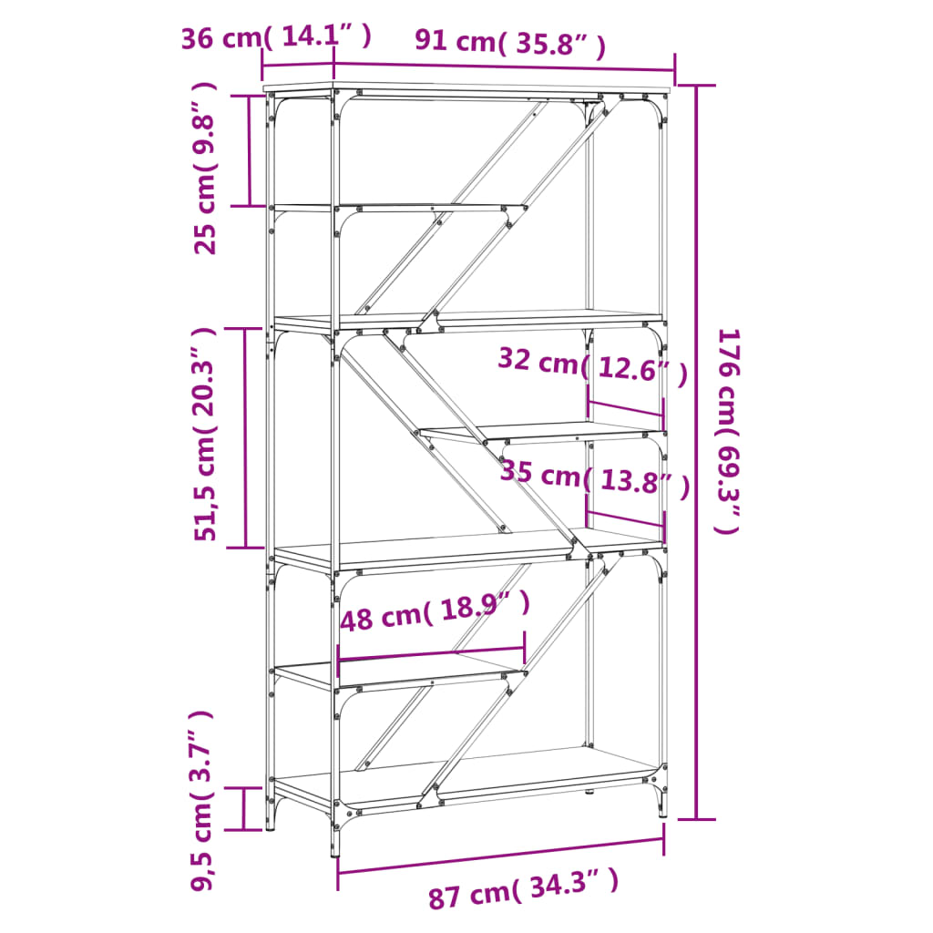 Libreria Grigio Sonoma 91x36x176 cm Legno Multistrato e Acciaio - homemem39