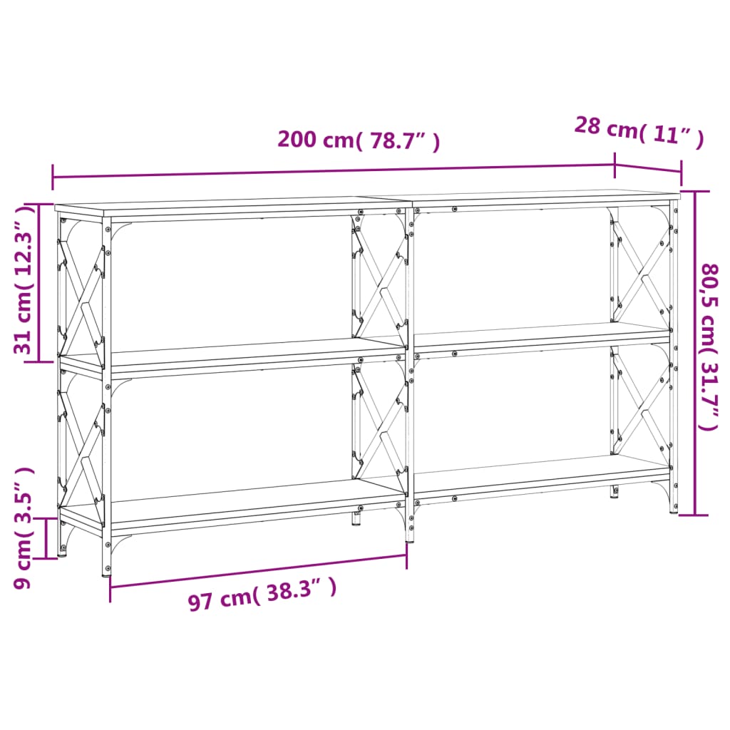 Tavolino Consolle Nero 200x28x80,5 cm in Legno Multistrato - homemem39