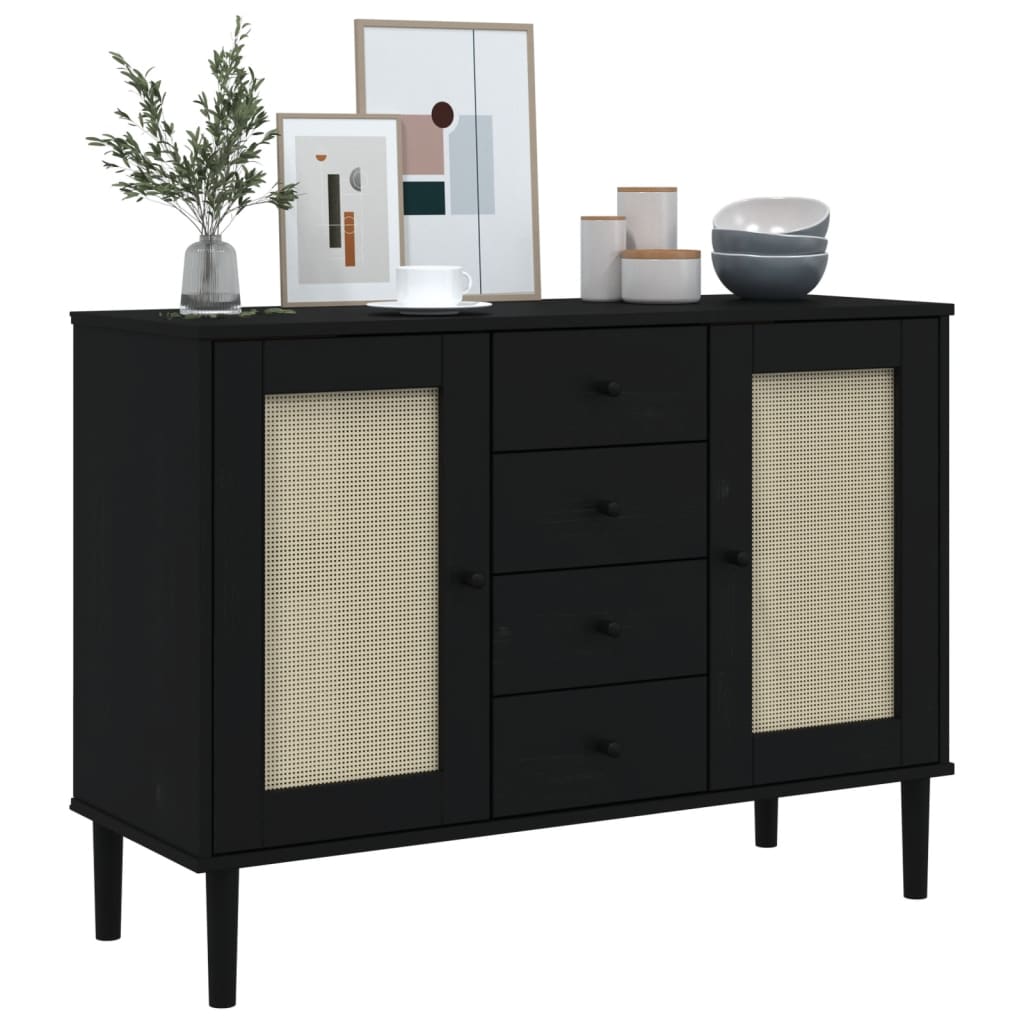 Credenza SENJA Aspetto Rattan Nero 112x40x80 cm Massello Pino - homemem39