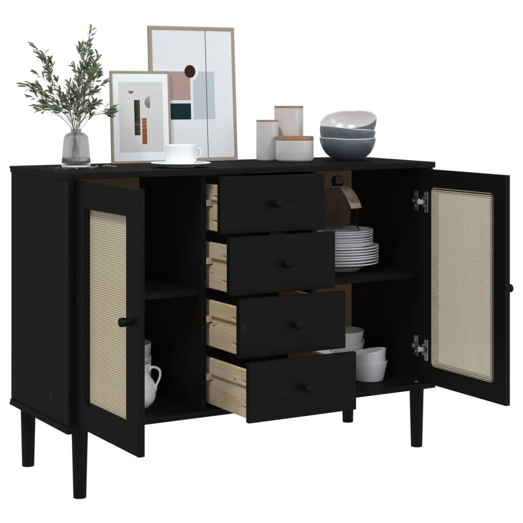 Credenza SENJA Aspetto Rattan Nero 112x40x80 cm Massello Pino - homemem39