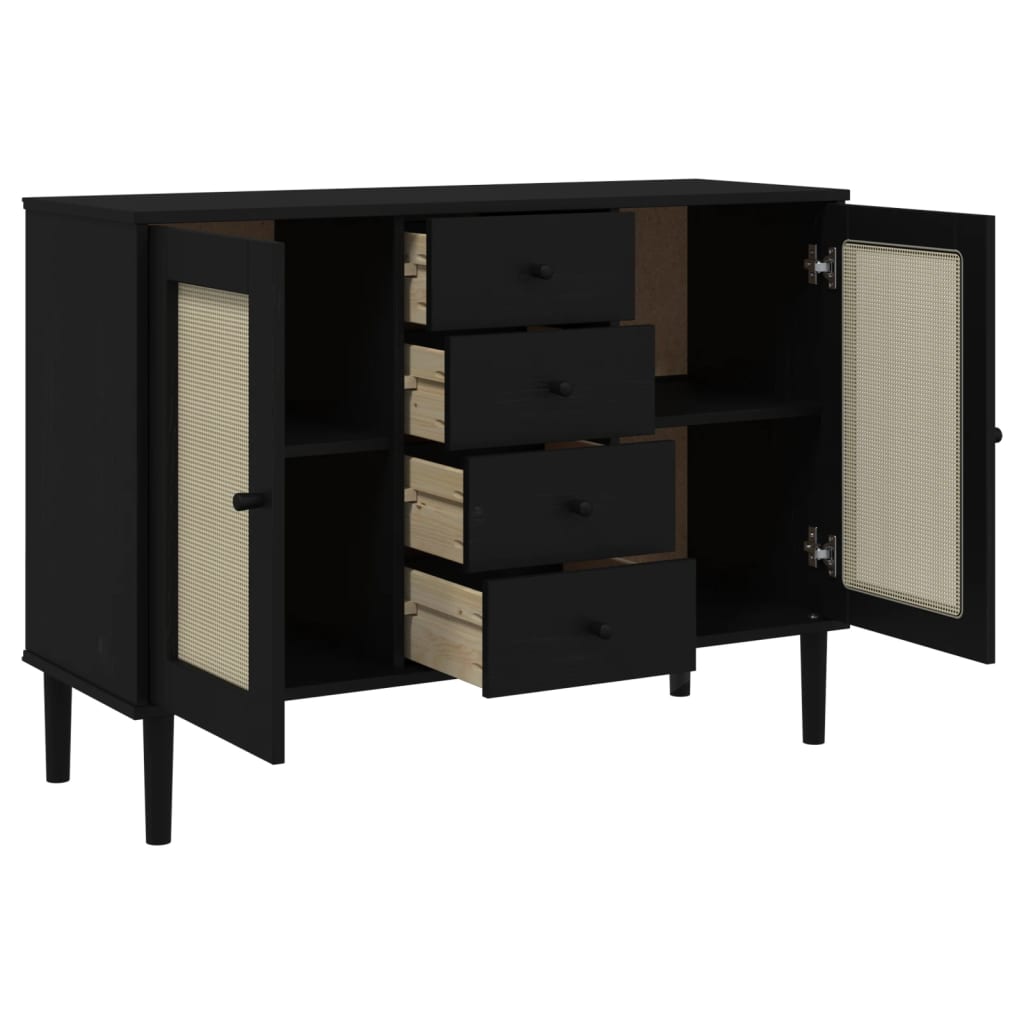 Credenza SENJA Aspetto Rattan Nero 112x40x80 cm Massello Pino - homemem39