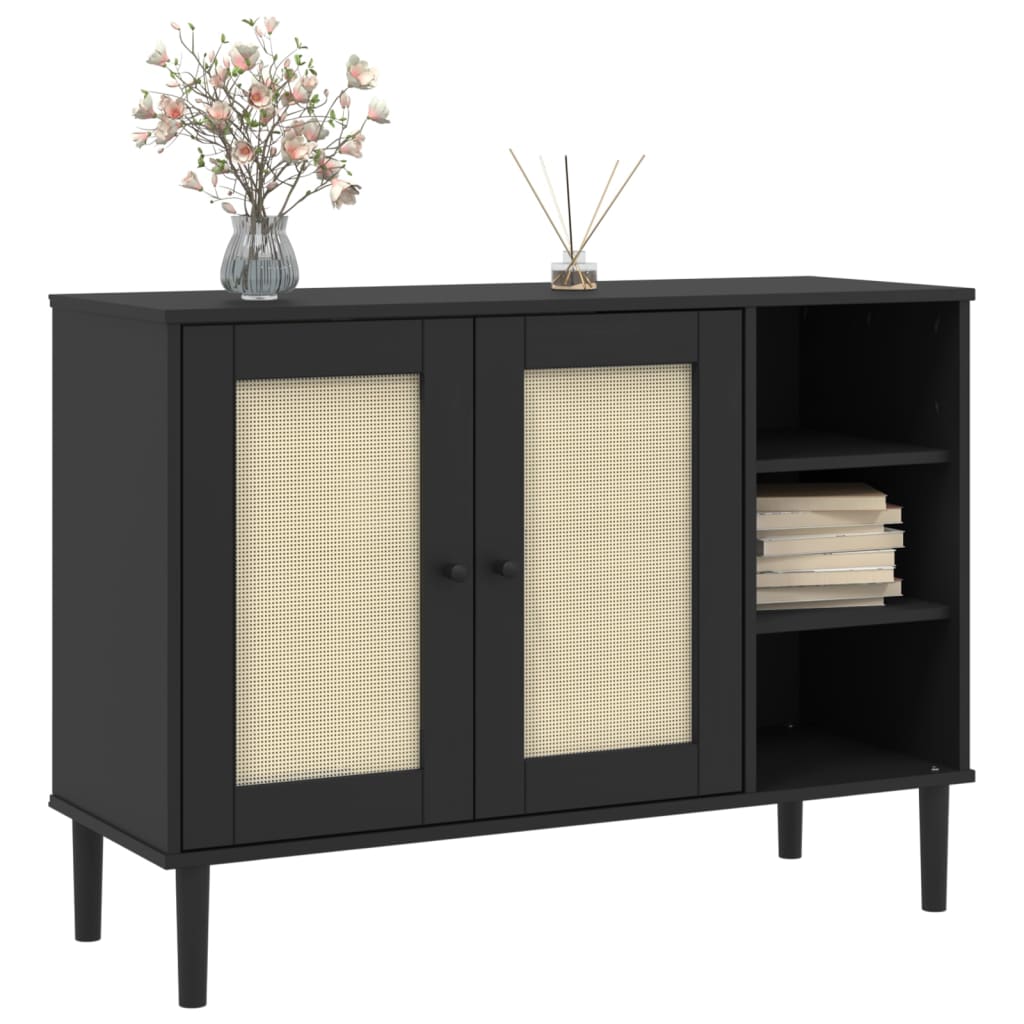 Credenza SENJA Aspetto Rattan Nero 112x40x80 cm Massello Pino - homemem39