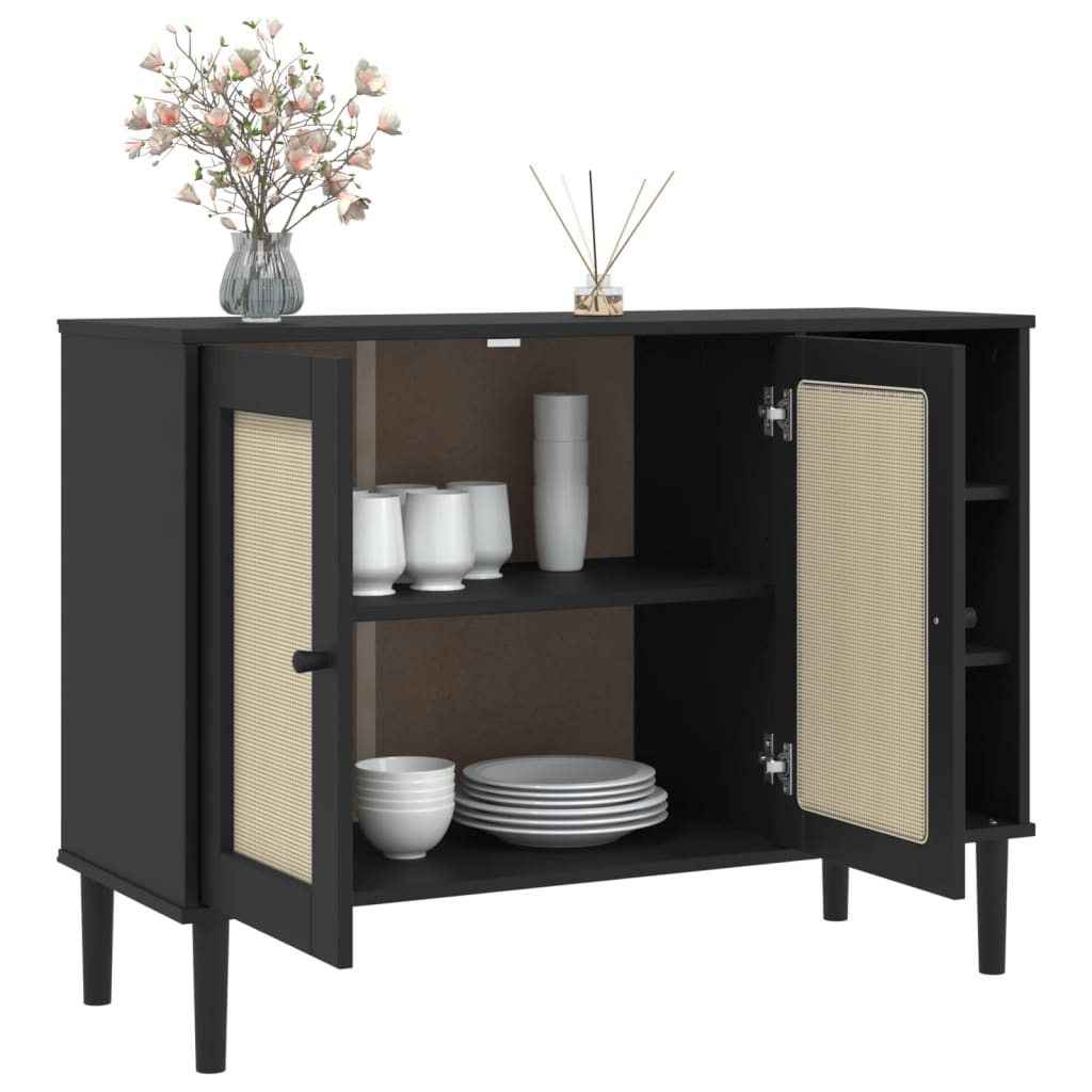 Credenza SENJA Aspetto Rattan Nero 112x40x80 cm Massello Pino - homemem39