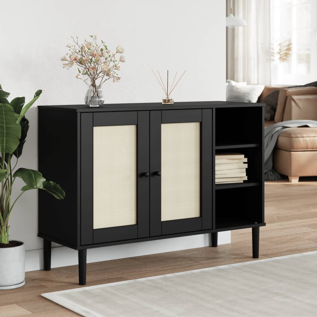 Credenza SENJA Aspetto Rattan Nero 112x40x80 cm Massello Pino - homemem39