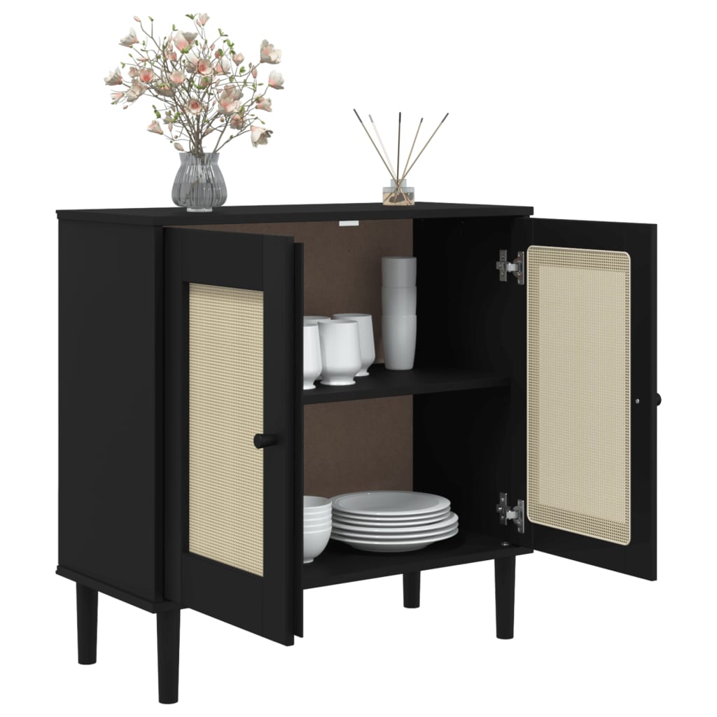 Credenza SENJA Aspetto Rattan Nero 80x35x80 cm Massello Pino - homemem39