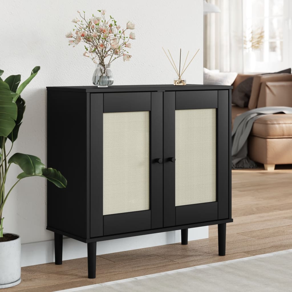 Credenza SENJA Aspetto Rattan Nero 80x35x80 cm Massello Pino - homemem39