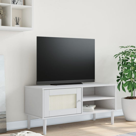 Mobile TV SENJA Aspetto Rattan Bianco 106x40x49 Massello Pino - homemem39