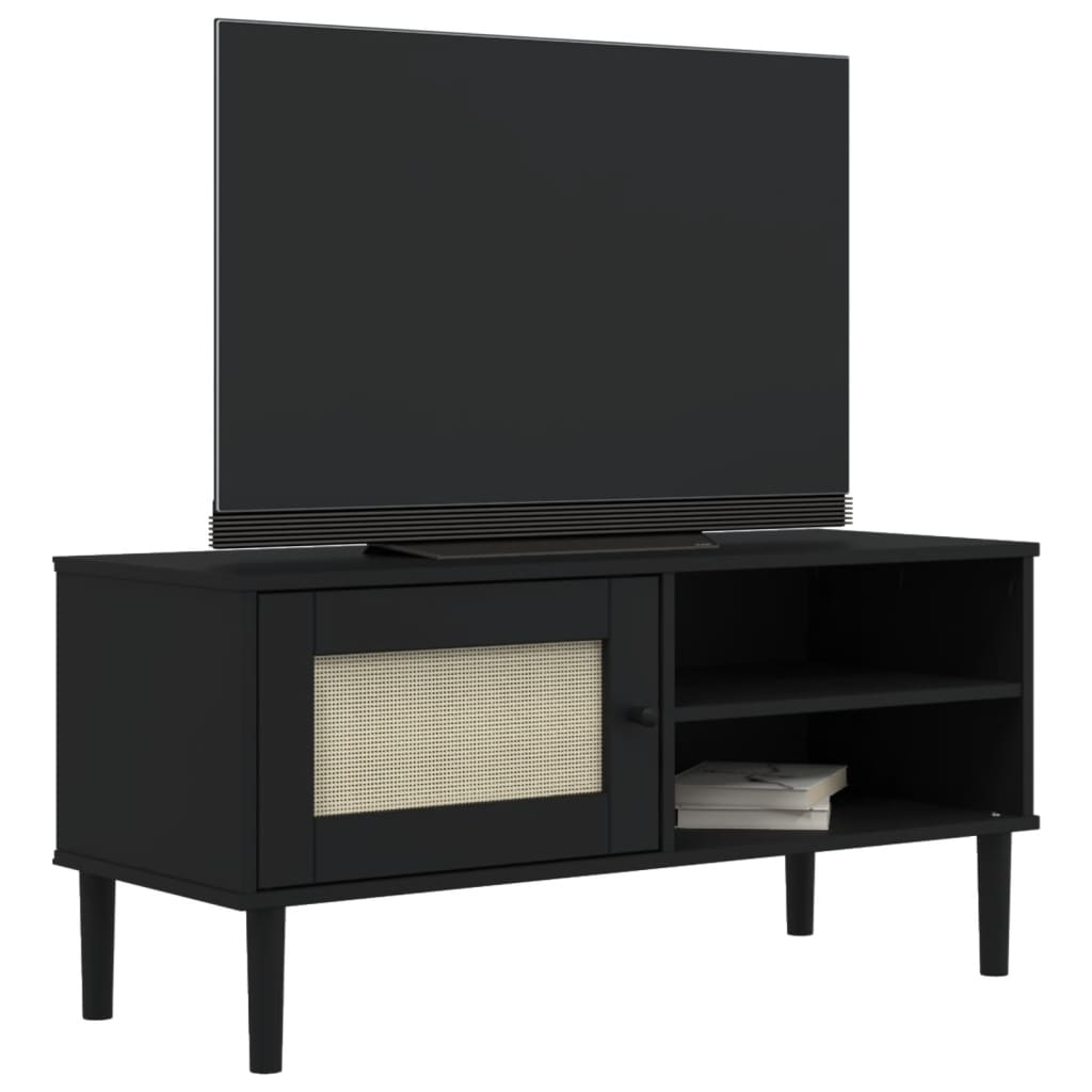 Mobile TV SENJA Aspetto Rattan Nero 106x40x49 cm Massello Pino - homemem39