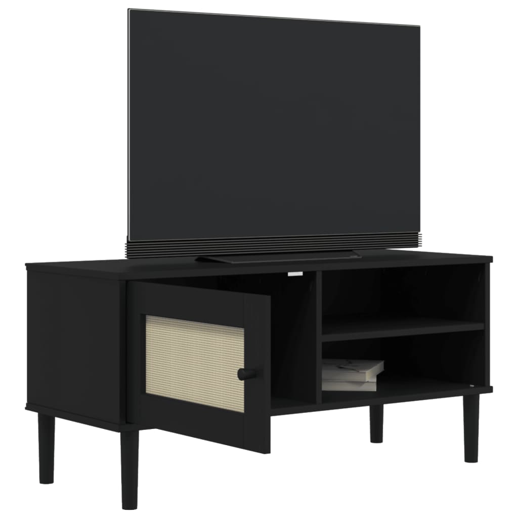 Mobile TV SENJA Aspetto Rattan Nero 106x40x49 cm Massello Pino - homemem39