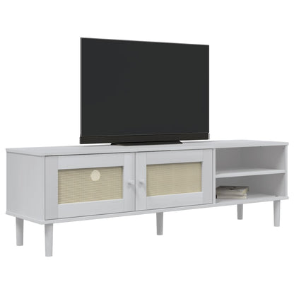 Mobile TV SENJA Aspetto Rattan Bianco 158x40x49 Massello Pino - homemem39