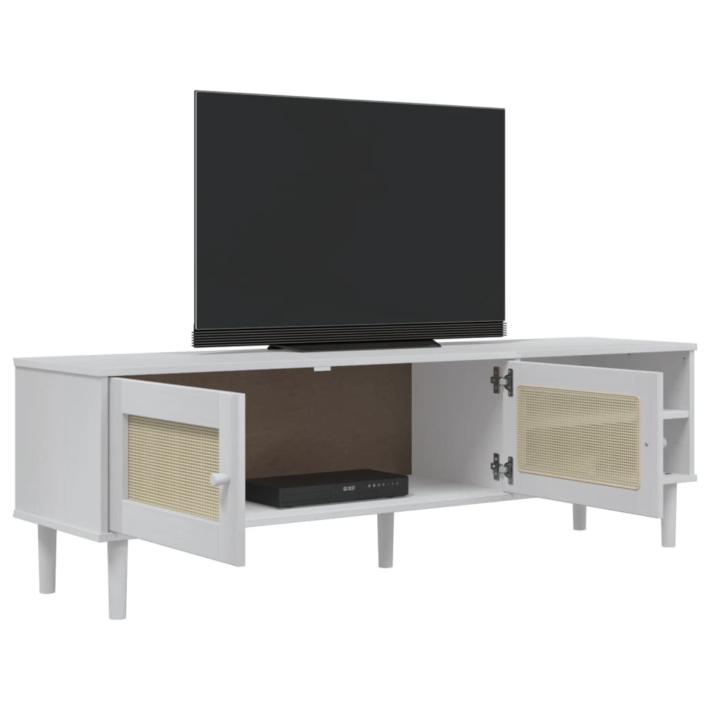 Mobile TV SENJA Aspetto Rattan Bianco 158x40x49 Massello Pino - homemem39