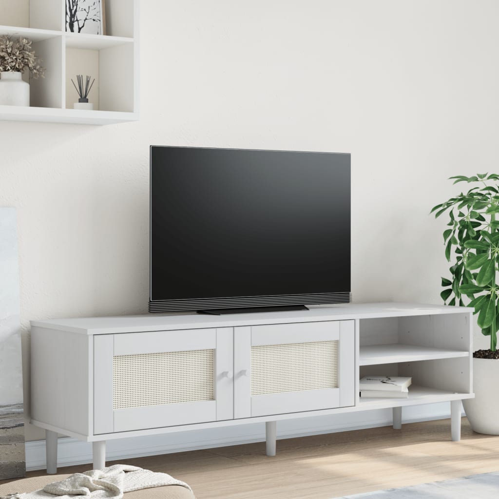 Mobile TV SENJA Aspetto Rattan Bianco 158x40x49 Massello Pino - homemem39