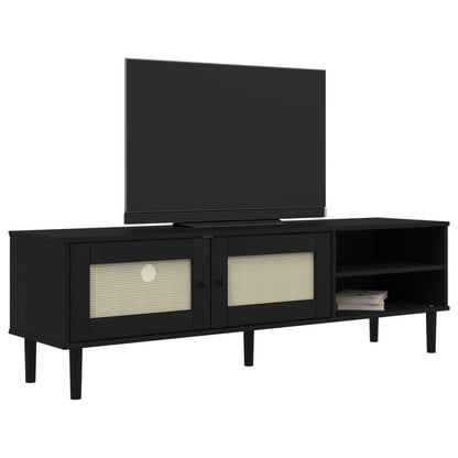 Mobile TV SENJA Aspetto Rattan Nero 158x40x49 cm Massello Pino - homemem39