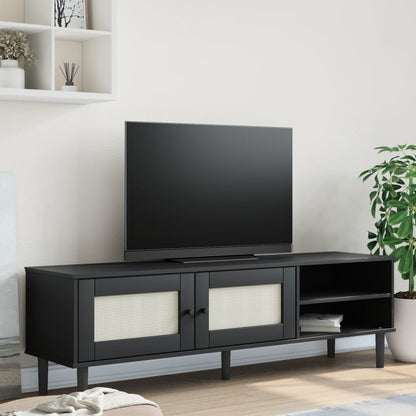 Mobile TV SENJA Aspetto Rattan Nero 158x40x49 cm Massello Pino - homemem39