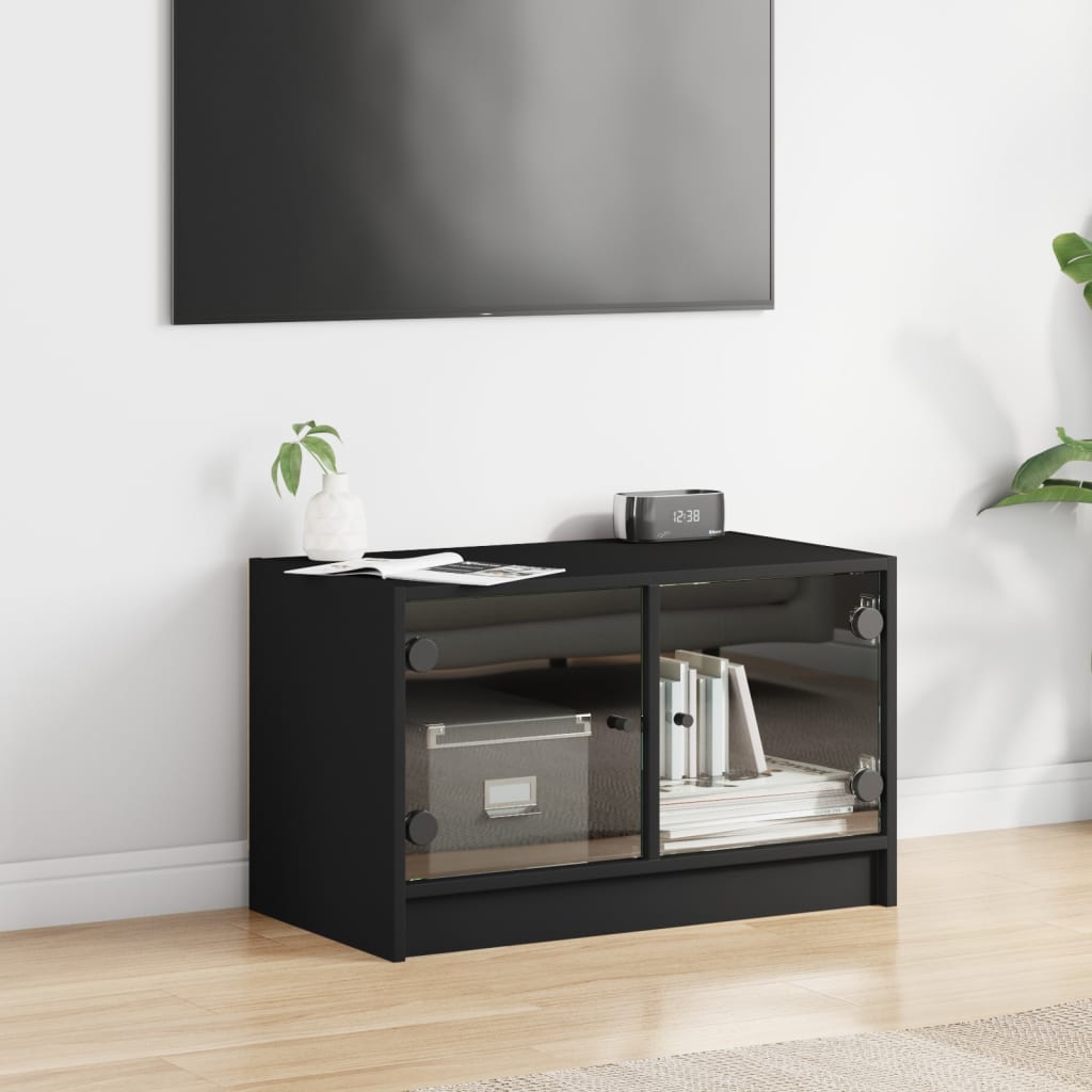 Mobile Porta TV con Ante in Vetro Nero 68x37x42 cm - homemem39