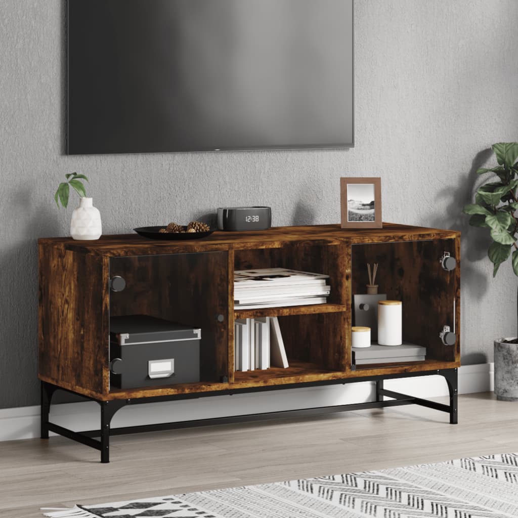 Mobile Porta TV con Ante in Vetro Rovere Fumo 102x37x50 cm - homemem39