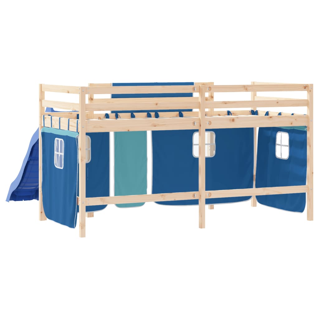 Letto a Soppalco con Tende Bambini Blu 80x200 cm Massello Pino - homemem39