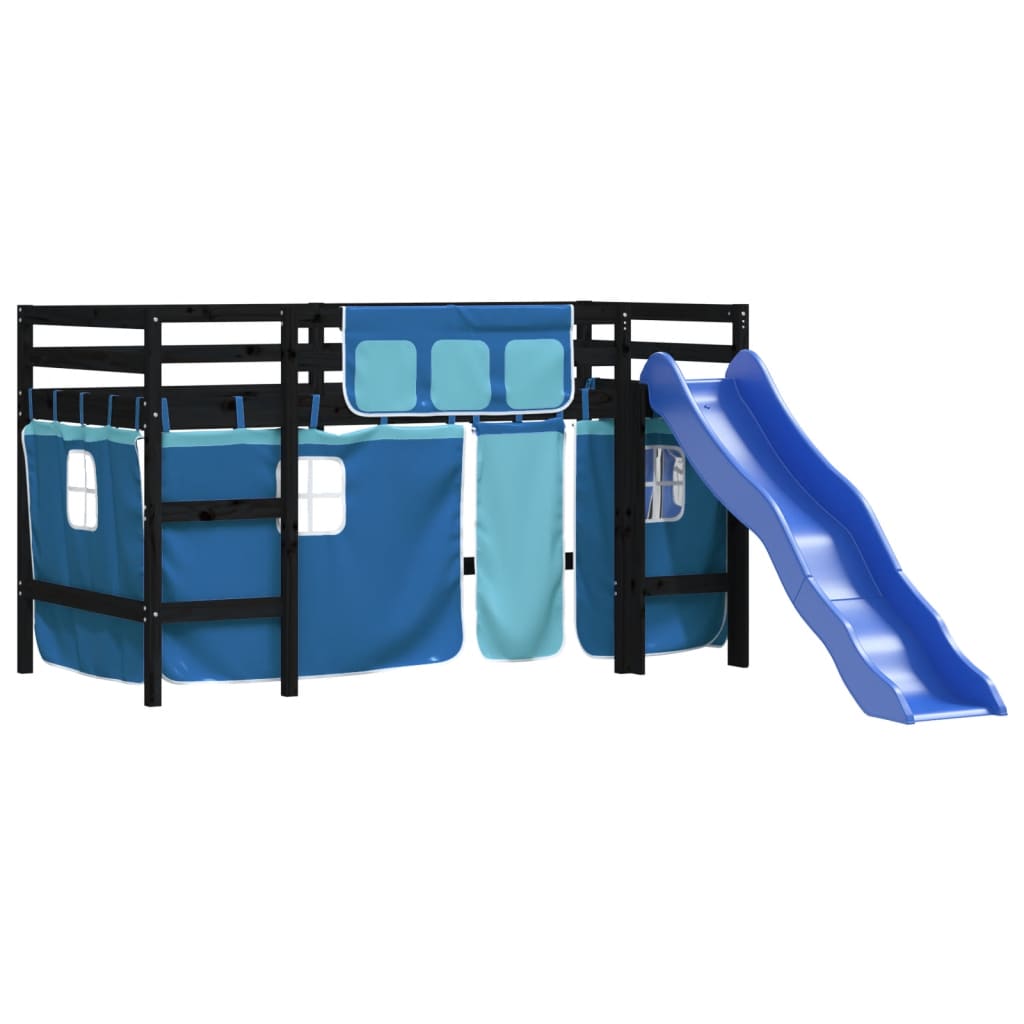 Letto a Soppalco con Tende Bambini Blu 90x200 cm Massello Pino - homemem39