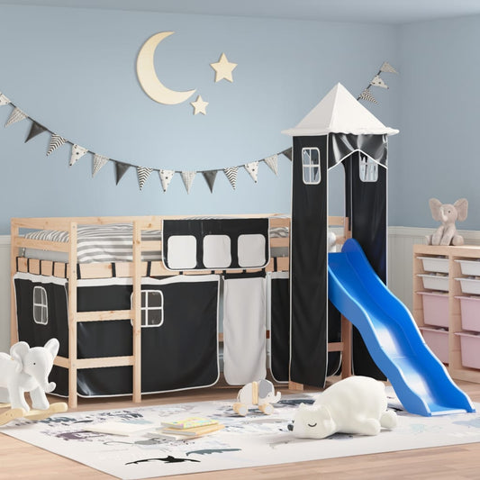 Letto a Soppalco con Torre Bambini Bianco e Nero 80x200cm Pino - homemem39