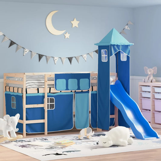 Letto a Soppalco con Torre Bambini Blu 80x200cm Massello Pino - homemem39