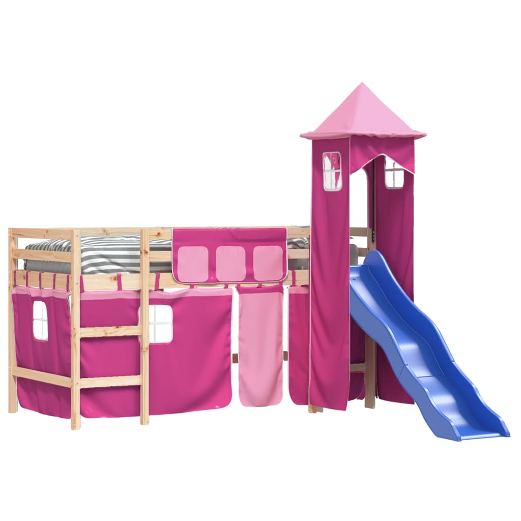 Letto a Soppalco con Torre Bambini Rosa 80x200cm Massello Pino - homemem39