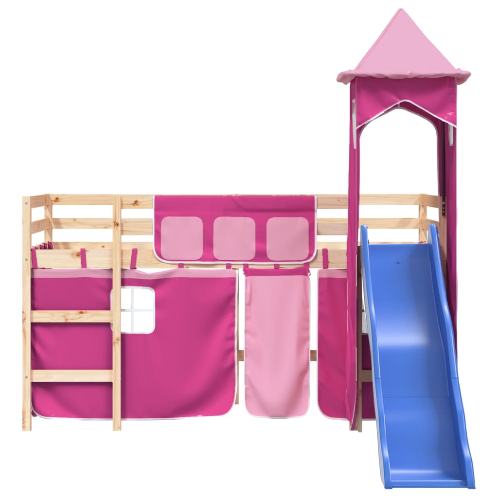 Letto a Soppalco con Torre Bambini Rosa 80x200cm Massello Pino - homemem39