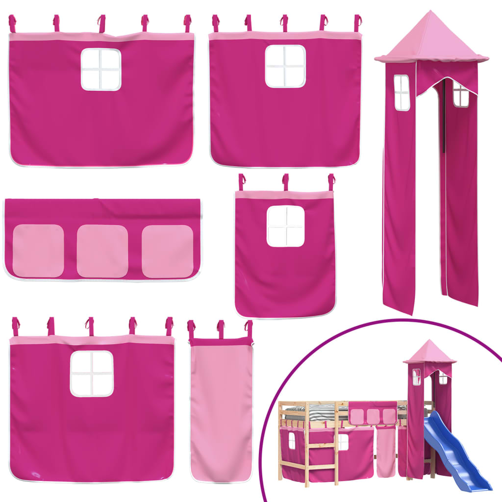 Letto a Soppalco con Torre Bambini Rosa 80x200cm Massello Pino - homemem39