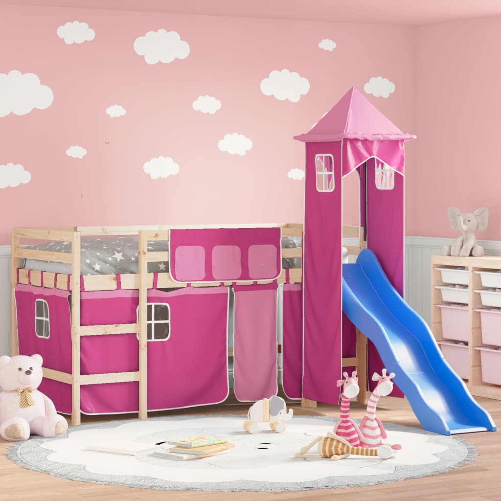 Letto a Soppalco con Torre Bambini Rosa 80x200cm Massello Pino - homemem39