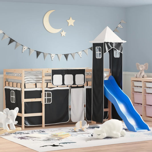 Letto a Soppalco con Torre Bambini Bianco e Nero 90x200cm Pino - homemem39