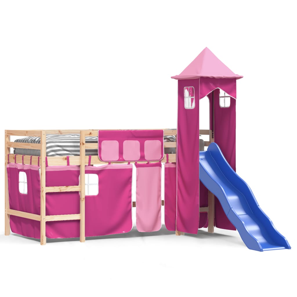 Letto a Soppalco con Torre Bambini Rosa 90x200cm Massello Pino - homemem39