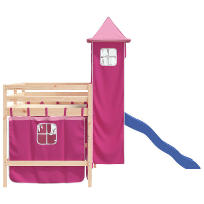 Letto a Soppalco con Torre Bambini Rosa 90x200cm Massello Pino - homemem39