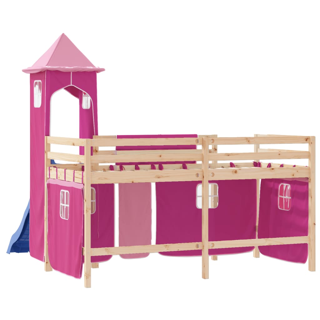 Letto a Soppalco con Torre Bambini Rosa 90x200cm Massello Pino - homemem39