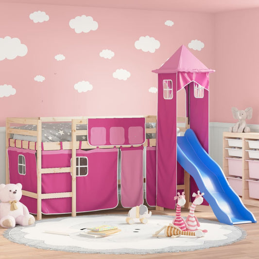 Letto a Soppalco con Torre Bambini Rosa 90x190cm Massello Pino - homemem39