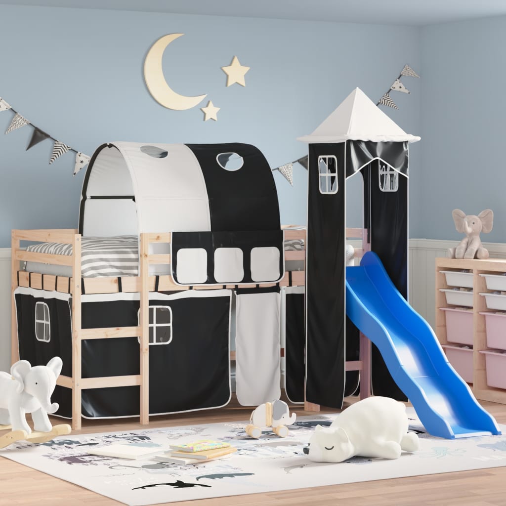 Letto a Soppalco con Torre Bambini Bianco e Nero 80x200cm Pino - homemem39