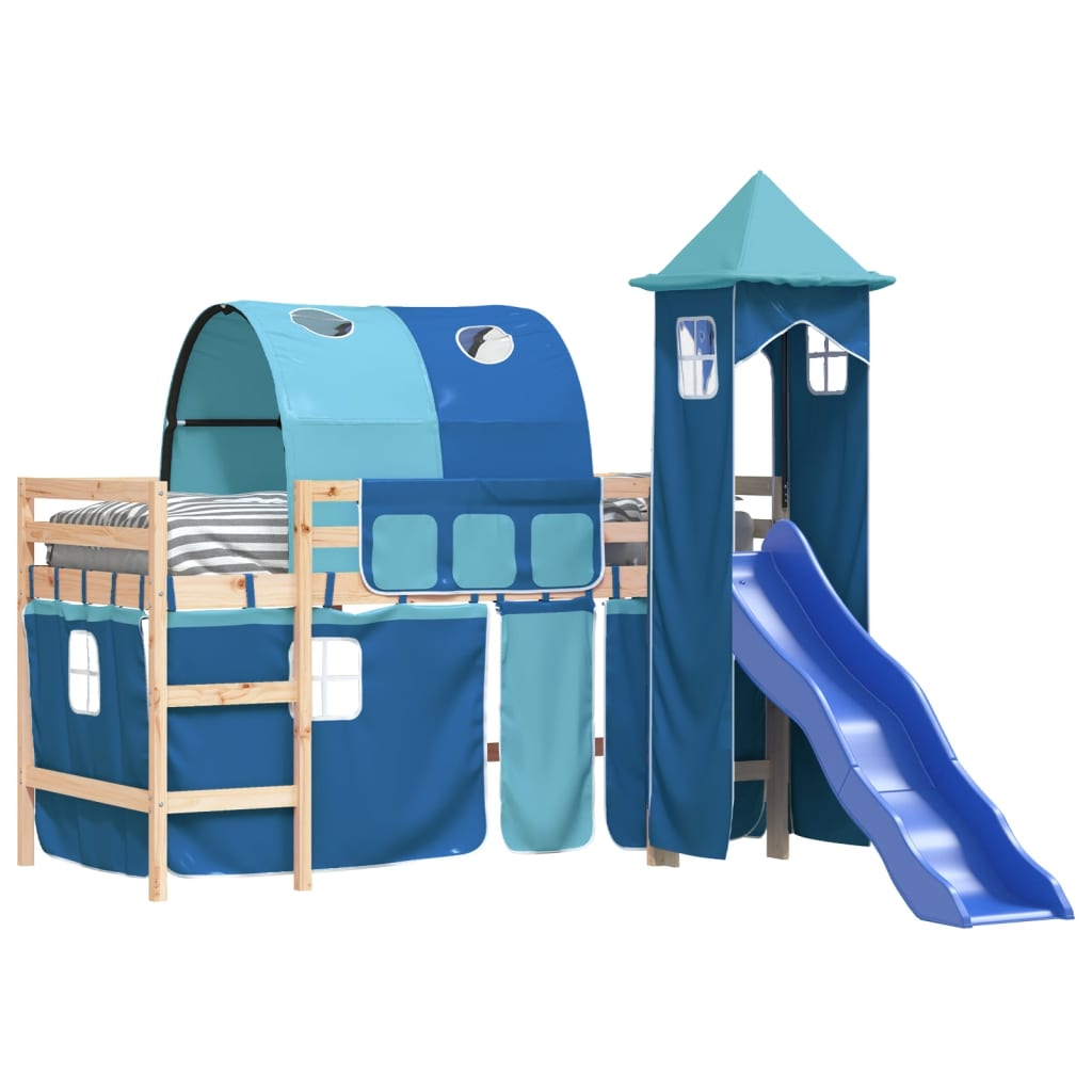 Letto a Soppalco con Torre Bambini Blu 80x200cm Massello Pino - homemem39