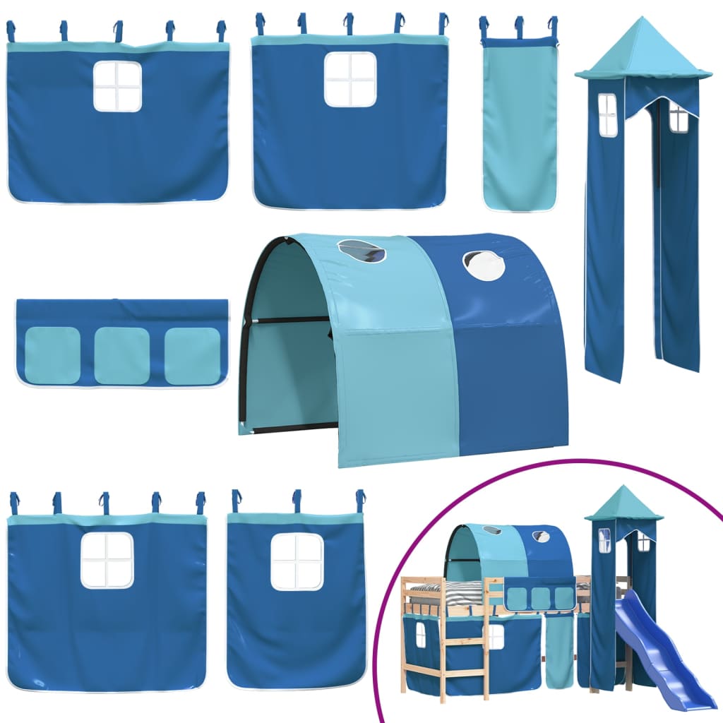 Letto a Soppalco con Torre Bambini Blu 80x200cm Massello Pino - homemem39