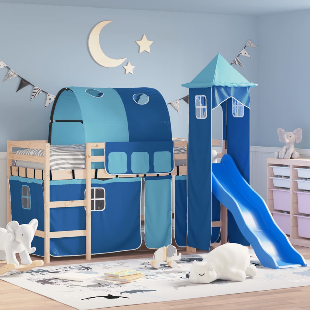 Letto a Soppalco con Torre Bambini Blu 80x200cm Massello Pino - homemem39