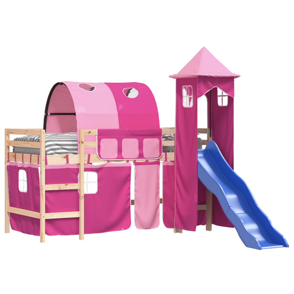 Letto a Soppalco con Torre Bambini Rosa 80x200cm Massello Pino - homemem39