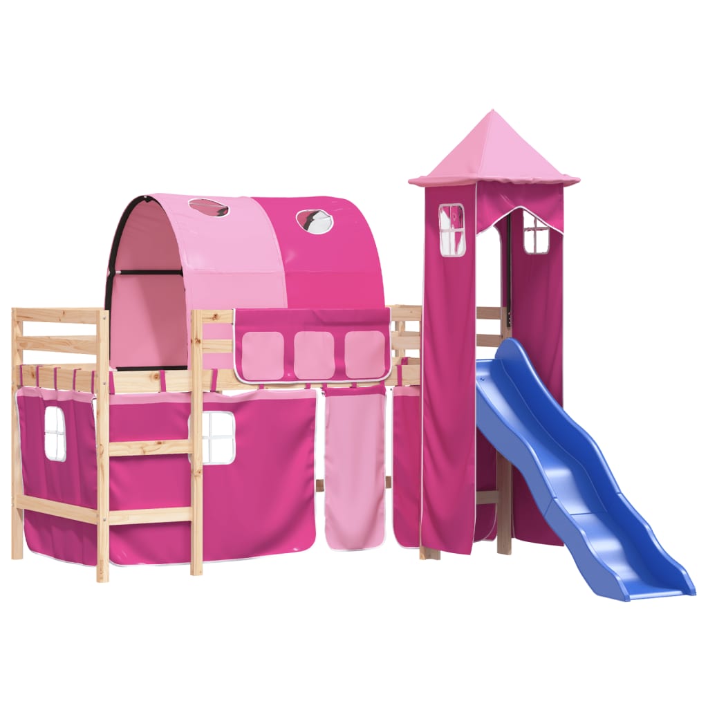 Letto a Soppalco con Torre Bambini Rosa 80x200cm Massello Pino - homemem39