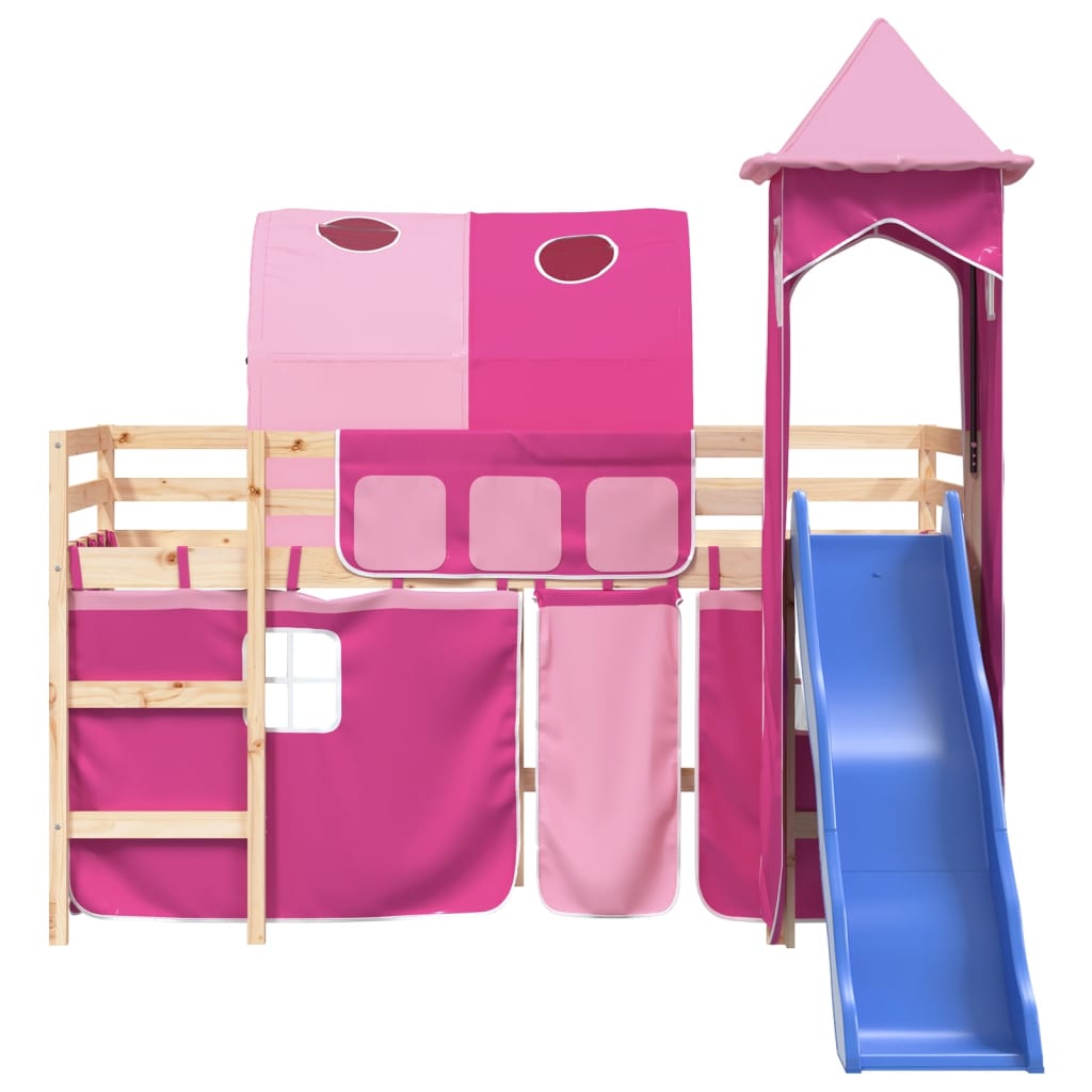 Letto a Soppalco con Torre Bambini Rosa 80x200cm Massello Pino - homemem39