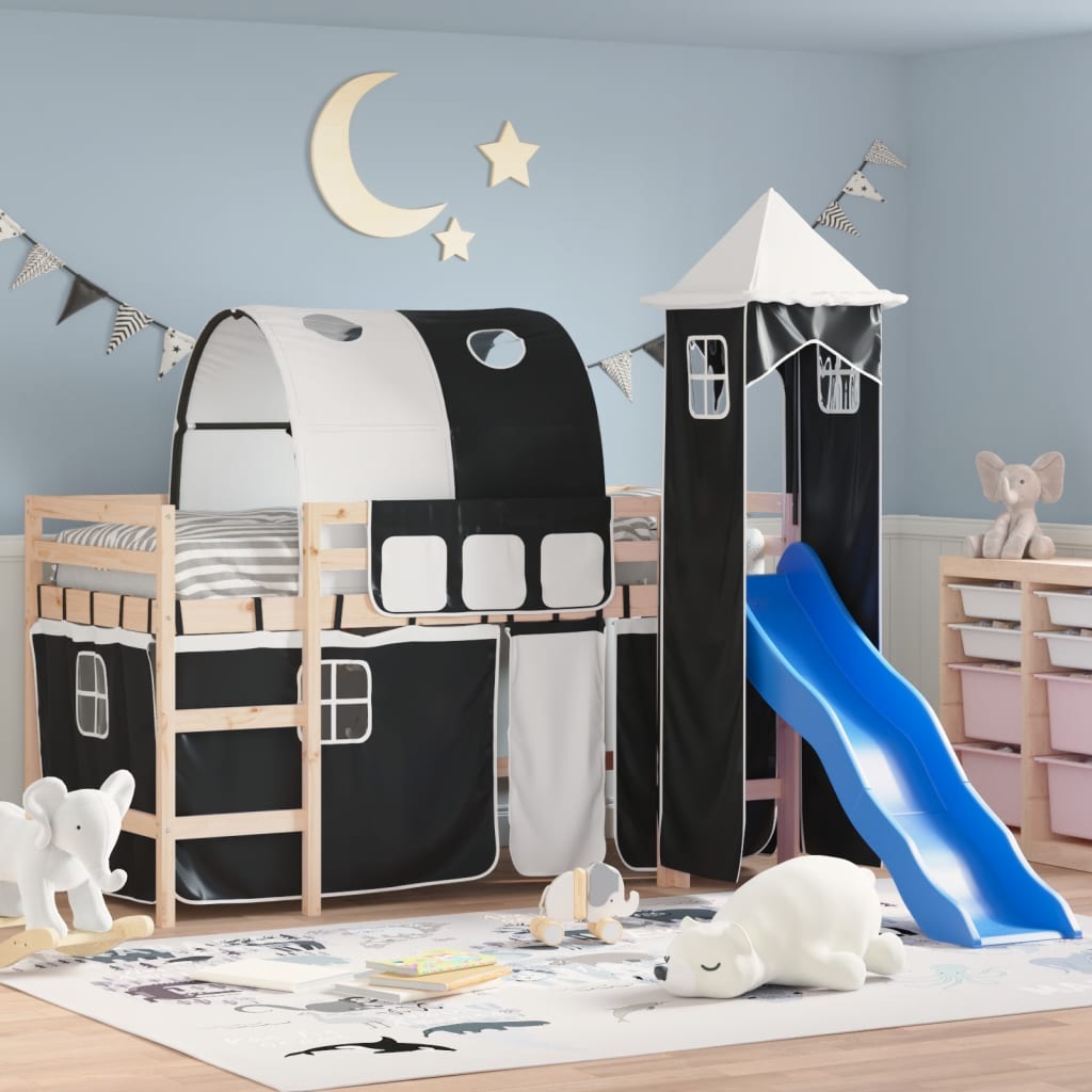 Letto a Soppalco con Torre Bambini Bianco e Nero 90x200cm Pino - homemem39