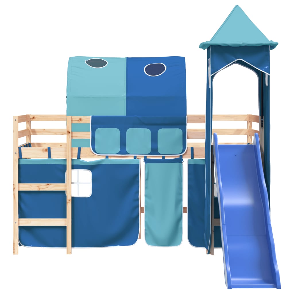 Letto a Soppalco con Torre Bambini Blu 90x200cm Massello Pino - homemem39