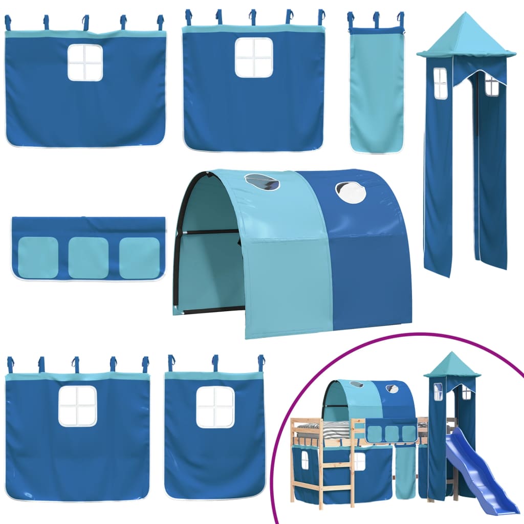 Letto a Soppalco con Torre Bambini Blu 90x200cm Massello Pino - homemem39