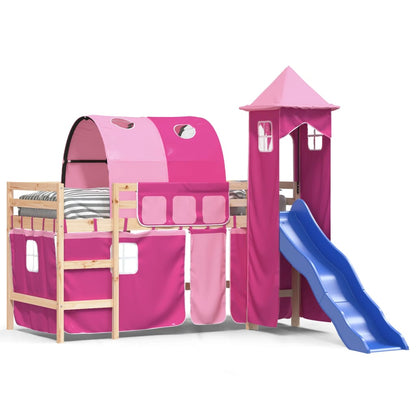 Letto a Soppalco con Torre Bambini Rosa 90x200cm Massello Pino - homemem39