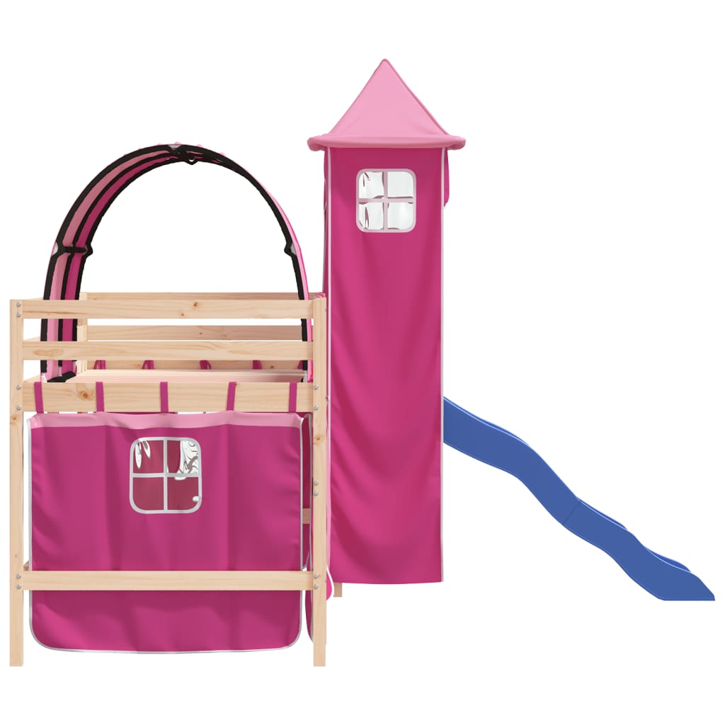 Letto a Soppalco con Torre Bambini Rosa 90x200cm Massello Pino - homemem39