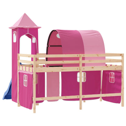 Letto a Soppalco con Torre Bambini Rosa 90x200cm Massello Pino - homemem39